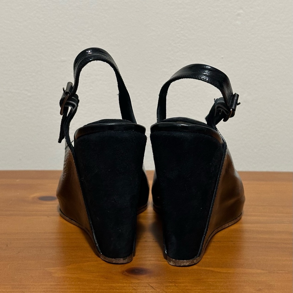 Theory Wedge Heel Women Size 8.5 40 Peep Toe Slingback Black Patent Leather - Picture 3 of 8
